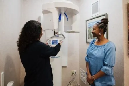 Photo of a patient about to have a panoramic x-ray taken at Dr. Fred Peck's dental practice.